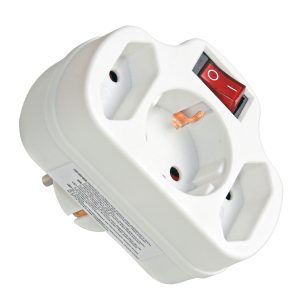 3-way adaptor with switch – 2x Euro 2,5 A + 1x “schuko” 16 A